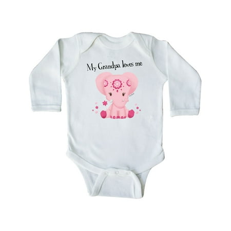 

Inktastic Aditi My Grandpa loves me Pink Elephant beautiful Gift Baby Girl Long Sleeve Bodysuit