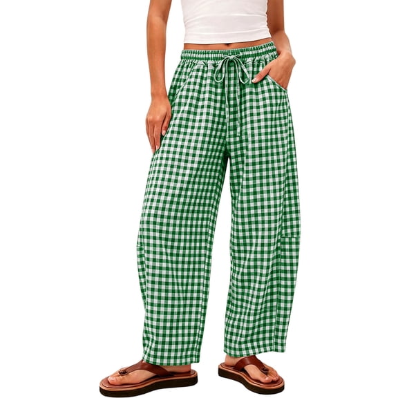 Mifsaly Plaid Barrel Pants Women Elastic Waist Drawstring Lounge Trousers Lightweight Flowy Relaxed Fit Casual Vacation Cotton Linen Bottoms with Pockets Army Green,L