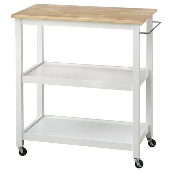 TMS Mylah 2-Tier Butcher Block Rolling Kitchen Storage Cart with Towel Rack, White