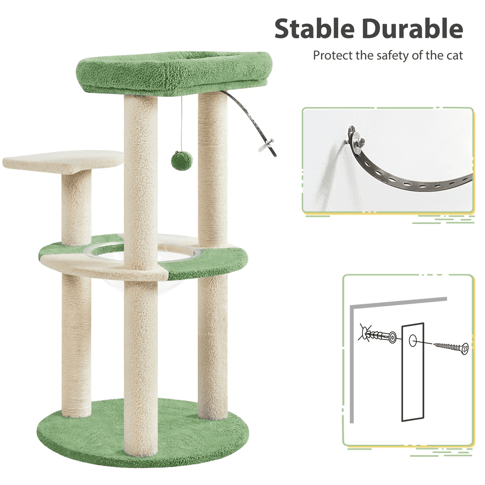 Alden Design 35.5″H Ocean Cat Tree with Padded Perch Natural Sisal for Kittens, Army Green/Beige