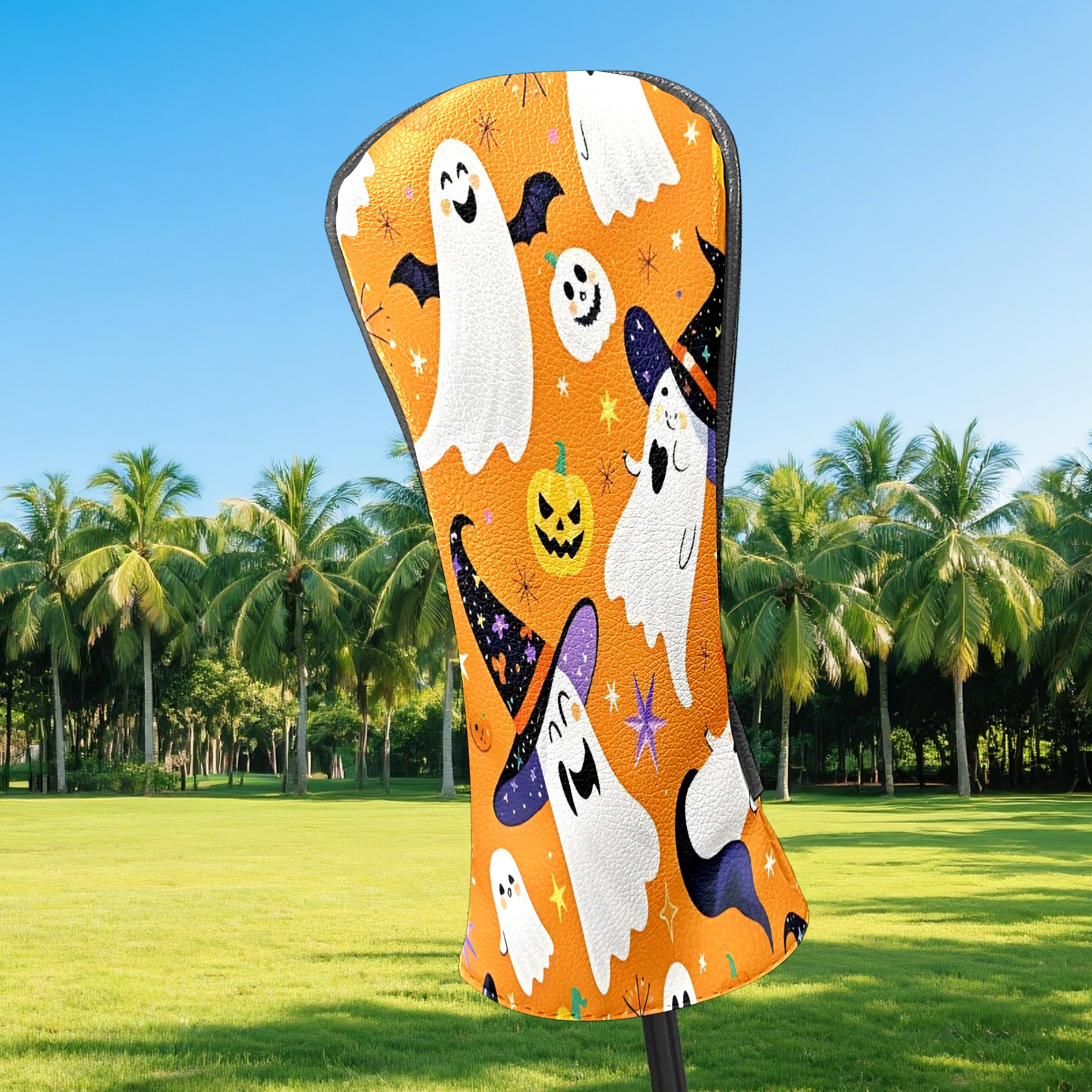 Golf Club Covers, Orange GhostPumpkin Premium PU Leather Driver Hybrid Putter Head Covers with Velvet Lining, Waterproof Golf Gifts for Men Women