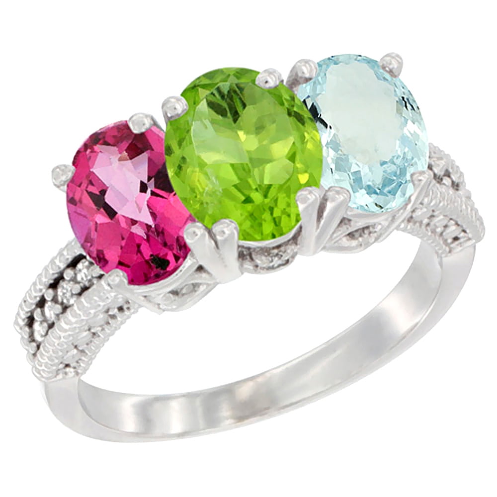 14K White Gold Natural Pink Topaz, Peridot & Aquamarine Ring 3-Stone 7x5 mm Oval Diamond Accent, sizes 5 10 by WorldJewels