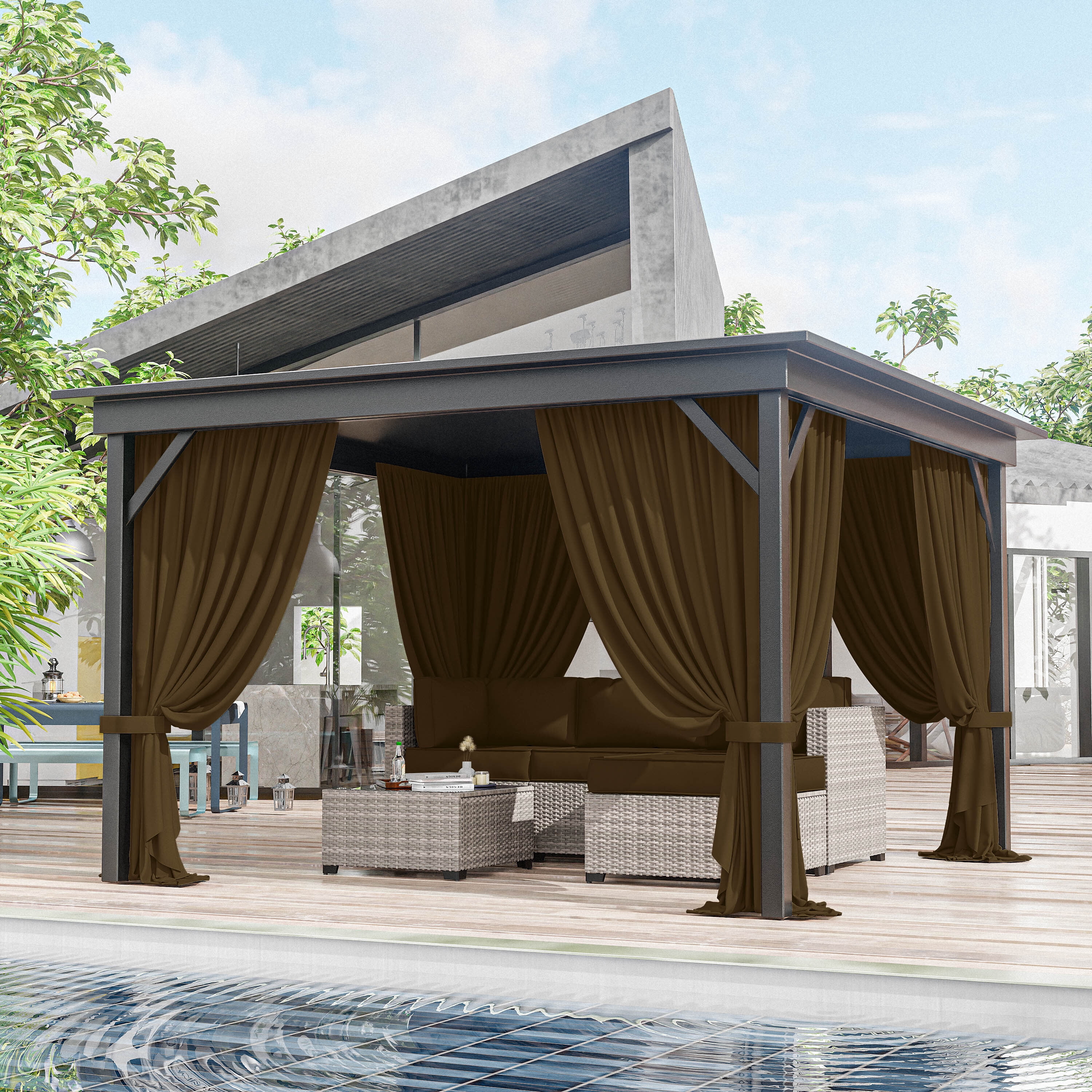 Kimunuk Outdoor Replacement Curtains for 10' X 10' Gazebo, Waterproof 4-Panels Chocolate Gazebo Universal Privacy Sidewall Curtains with Zipper for Patio Garden Backyard, Curtain Only