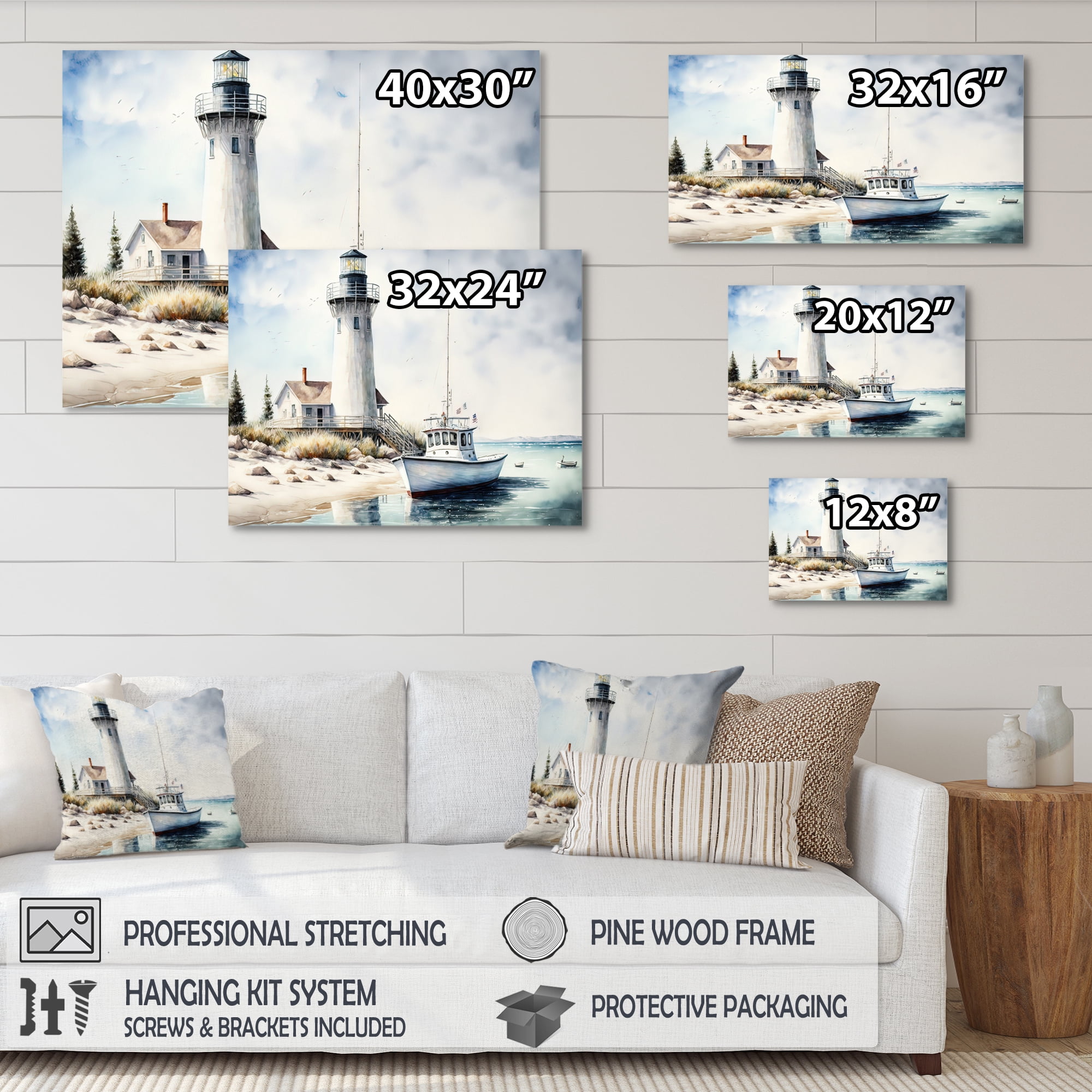 Designart Fishing Boat And Light House I Canvas Wall Art