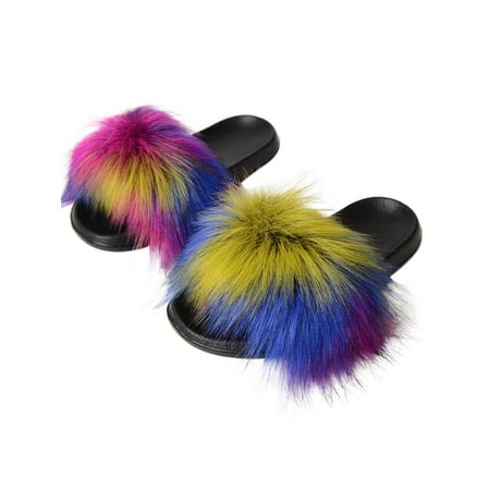

Ferndule Women Open Toe Fuzzy Slippers Summer Beach Cozy Flat Sandals Casual Slip On Plush Slipper Colorful 9.5-10