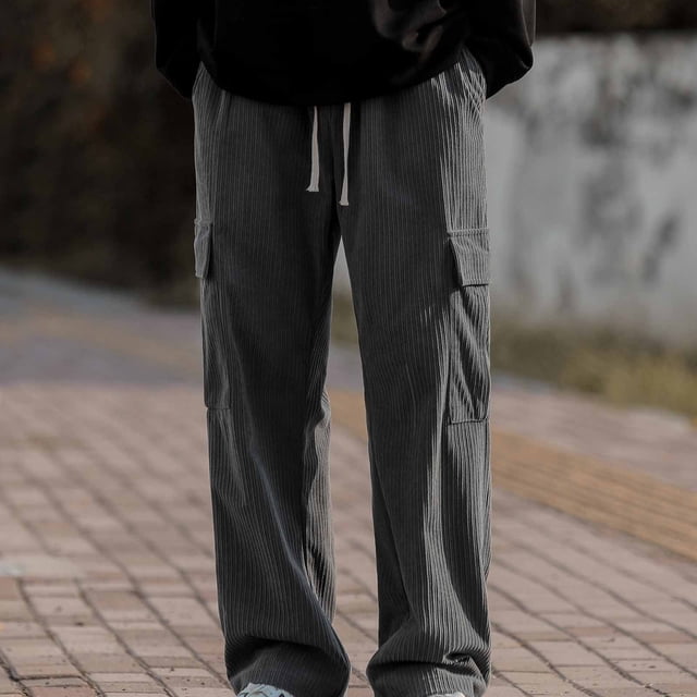 Pantalones largos para hombre, informales, con cordón, rectos, con bolsillos, de algodón y lana, cargo