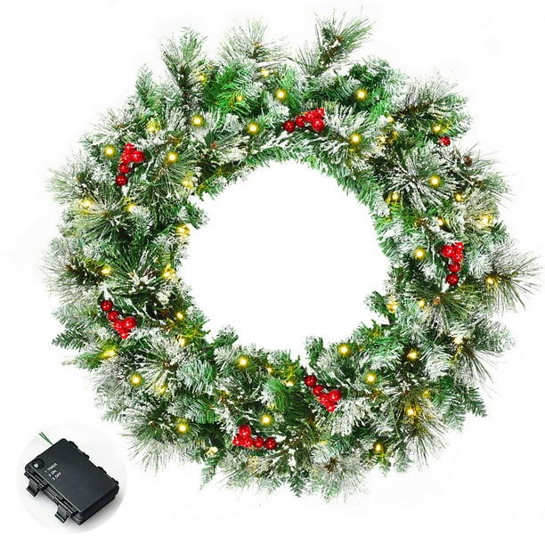 Costway 24'' Prelit Flocked Artificial Christmas Spruce Wreath w/ 50