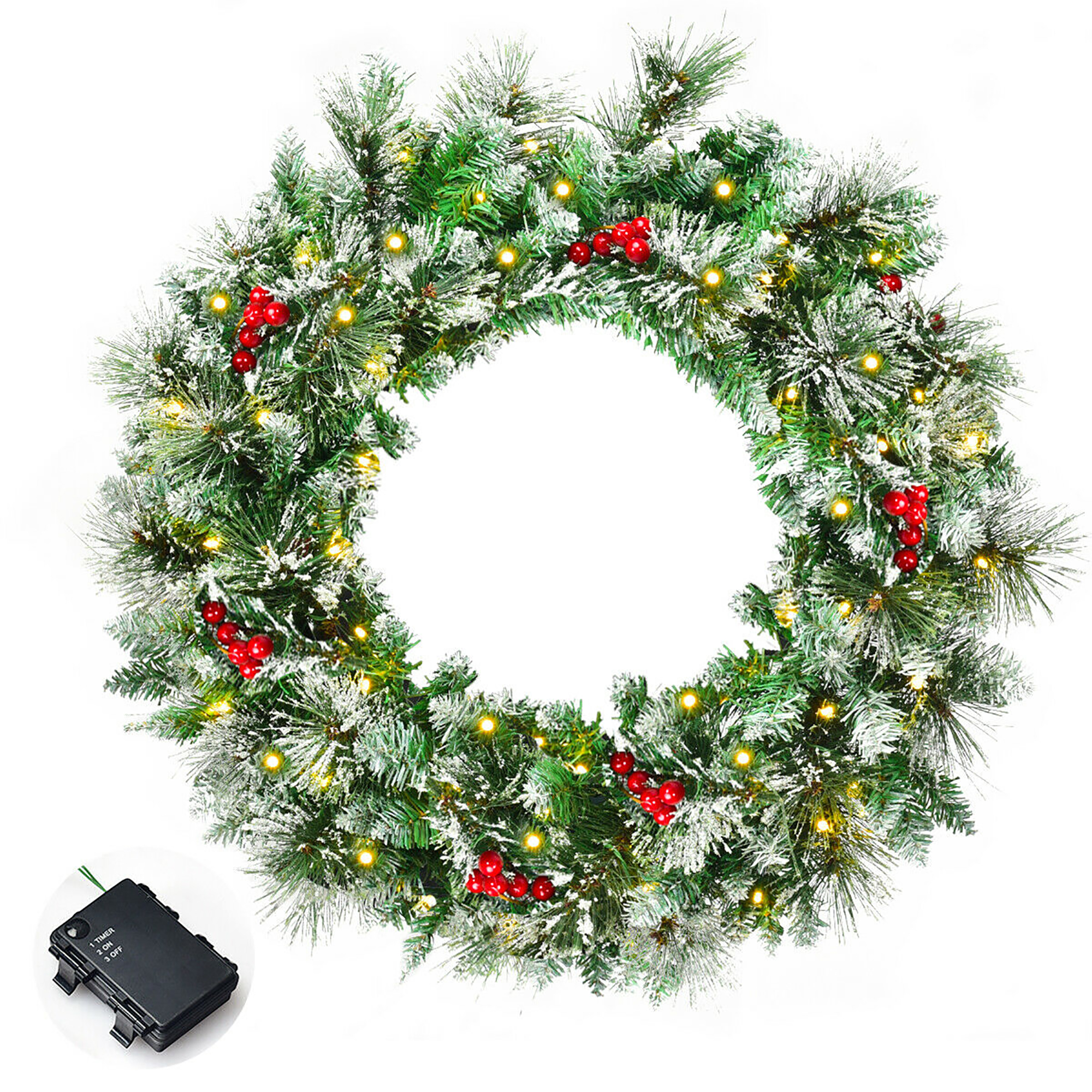 Costway 24'' Pre-lit Flocked Artificial Christmas Spruce Wreath w/ 50 LED Lights & Timer 