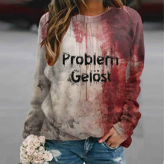 WXLWZYWL Halloween Shirts for Women Plus Size Fall Long Sleeve Tops Dressy Casual Crewneck Tunic Top Retro Halloween Print Shirt