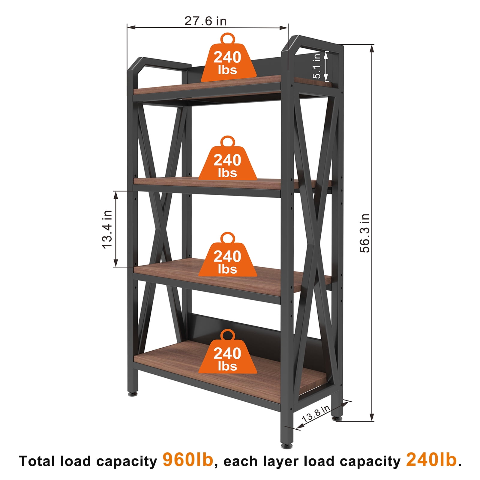 27.6"L Metal Storage Shelves,4-Tier Storage Shelves Metal and Wooden Kitchen Shelves for Garage,Pantry,Kitchen