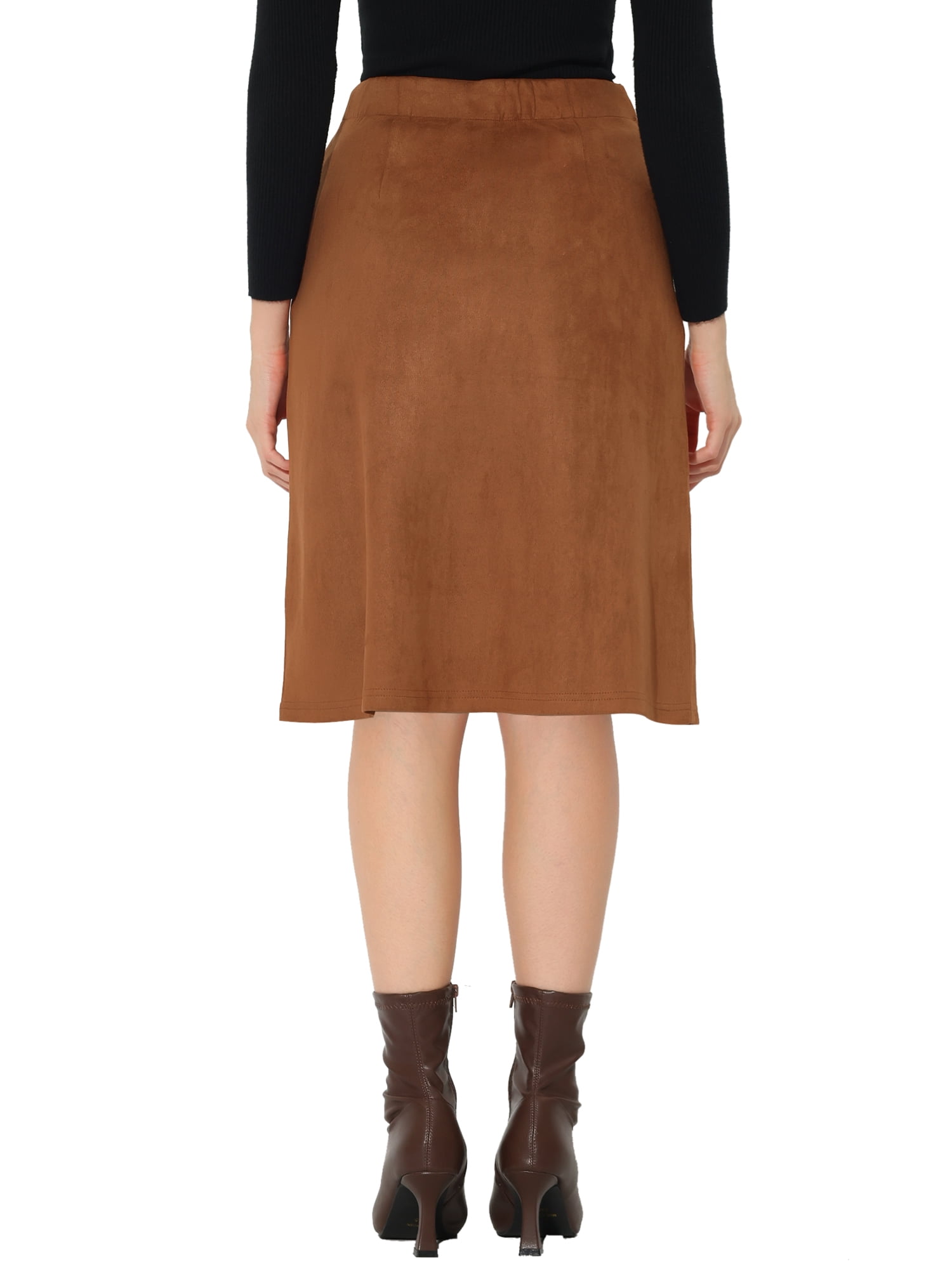Unique Bargains Women's Suede Button Front Pockets Decor A-Line Skirts L Brown