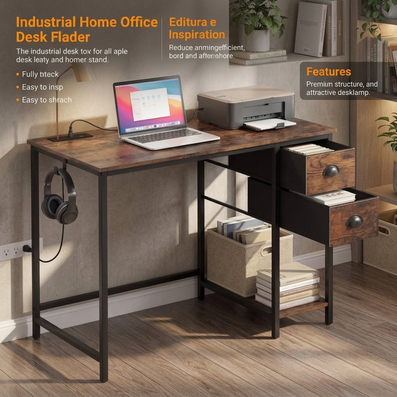 Furnibear Computer Desk Small Home Office Desk with Charging Station and 2 Fabric Drawers for Small Spaces Study, Rustic Brown