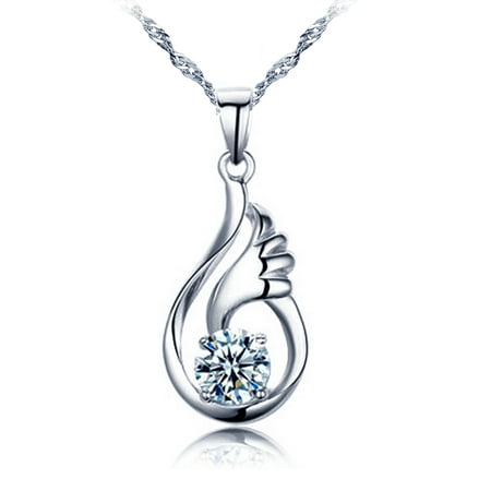 Angel Fish Glass Necklace - White Gold Plated 1ct CZ Diamond Angel Wing Pendant Necklace For Women