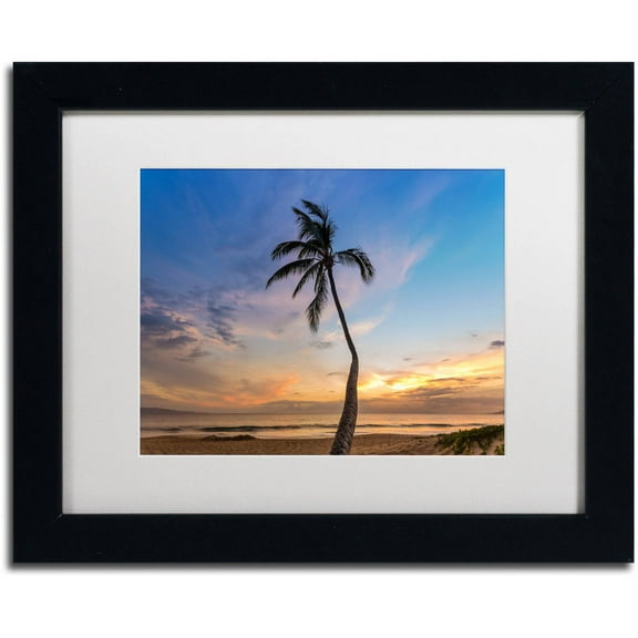 Trademark Fine Art 'Sunset Palm Tree' Canvas Art by Pierre Leclerc, White Matte, Black Frame