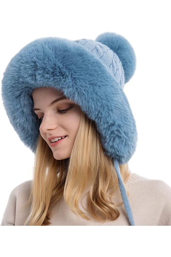 Women Winter Peruvian Cover Ears Beanie Hat Ear Flaps Sherpa Ski Snow Hats Knit Fleece Lined 3 Pom Pom