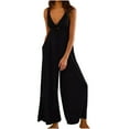 thumbnail image 2 of AGWOLF Womens Sleeveless Jumpsuits Dressy Wide Leg Long Pants Rompers Deep V Neck Ruched Drawstring Overalls Casual Vacation Outfits Black M, 2 of 5