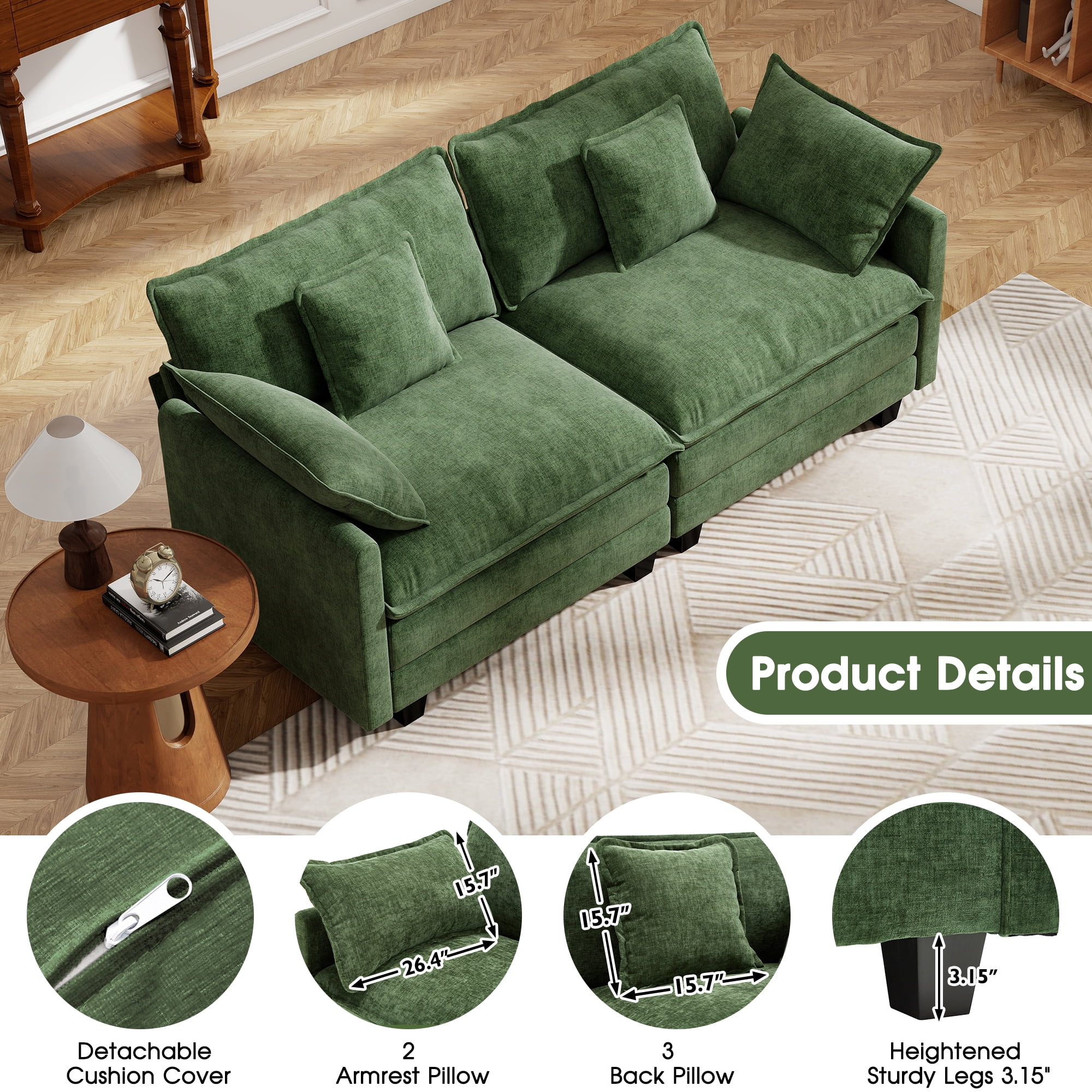 BedLuxury 76.7’’ Loveseat Sofa, Modern Chenille Sectional Sofa Cloud Couch for Living Room, Apartment, Office, 2-Seat, Green