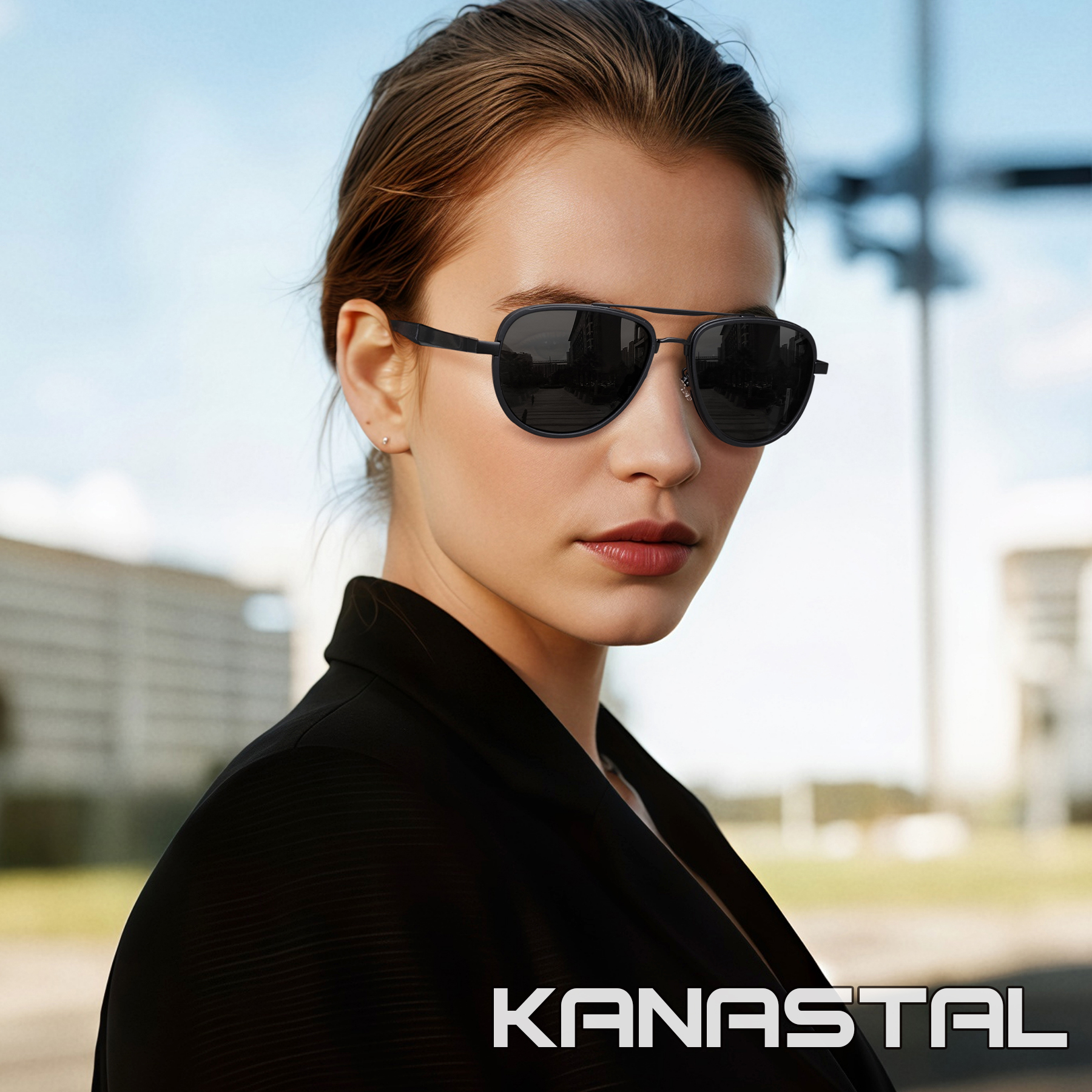 Kanastal Polarized Double Bridge Aviator Sunglasses, Black photo 6
