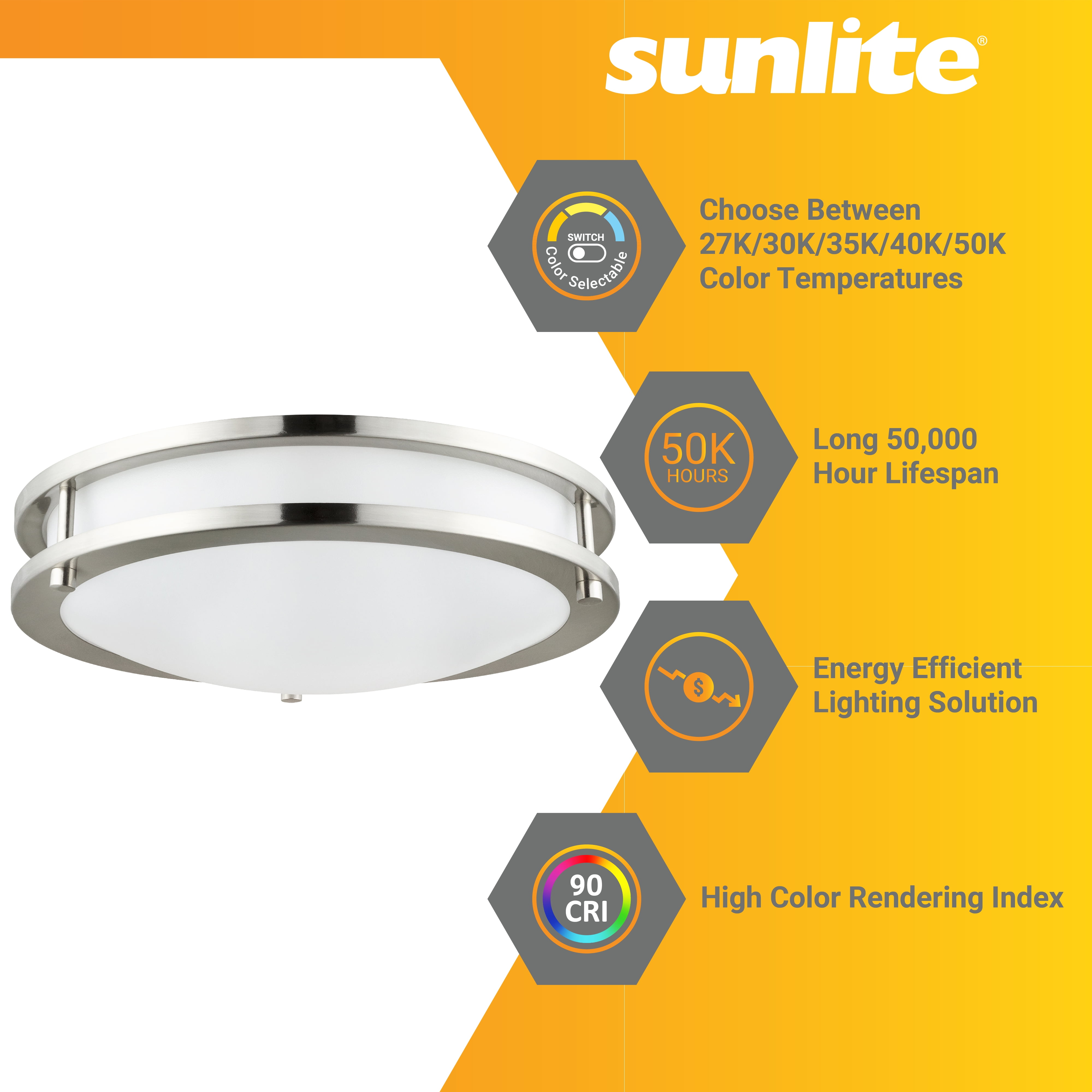 Sunlite 18” LED Decorative Flush Mount Ceiling Light Fixture, 28 Watts, 2400 Lmns, Color Selectable 27K/30K/35K/40K/50K, Dimmable, 90 CRI, 120 Volts, ETL Listed, Title-24 Compliant