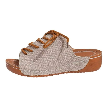 OJSFQUFP Womens Comfort Sandals Women s Summer Fashion Leather Lace Open Toe Sandals Outdoor Beach Slippers Soft Sole Outdoor Shoes Comfy Slippers for Women Grey 37