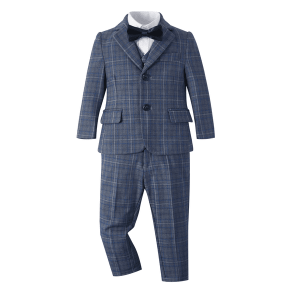 ETHAN Boys Plaid Suits 5 Piece Slim Fit Formal Set for Kids Prom Wedding Outfits Tuxedo Blazer Jacket Vest Pant Size 14 Years