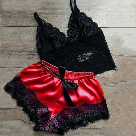 

Rewenti Women New Sexy Fashion Lace Lingerie Silk Underwear Sleepwear Pajamas Satin Red L(L)