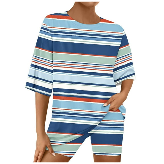 Bovxnpu Summer Casual Outfits For Women, 2 Piece Lounge Sets, Women'S Printed Crew Neck Summer Short Sleeve Top And Shorts Suit XXL