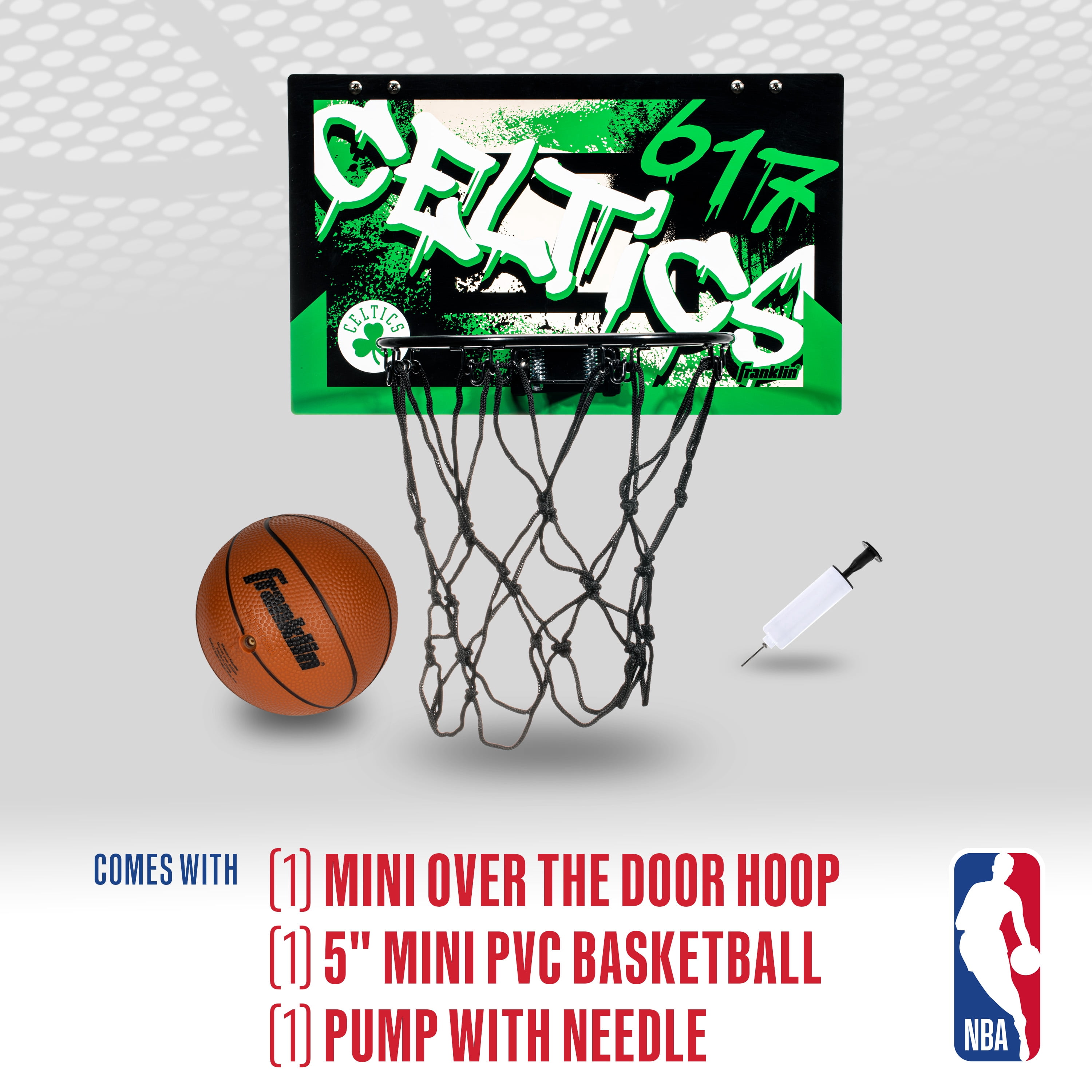 Franklin Sports NBA Boston Celtics Over the Door Basketball Hoop - Kids Indoor Basketball Hoop with Mini Basketball - NBA Fan Shop Mini Hoop for Bedroom + Office - Over the Door Mini Hoop Set