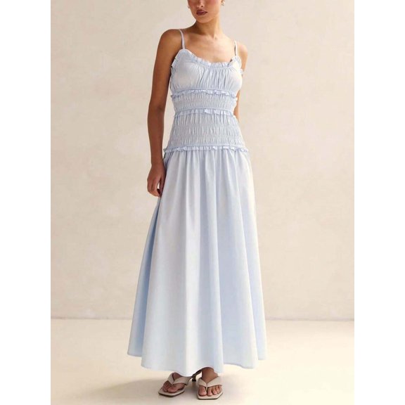 Sky Blue Womens Ruffle Trim Spaghetti Strap Maxi Dress With Smocked Waist And Flowy A-Line Skirt