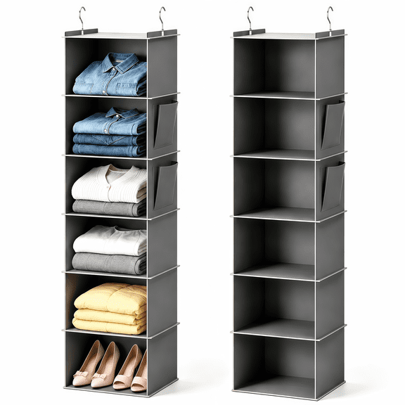 CLEANCOOL 2-Pack Hanging Closet Organizer, 6-Shelf Fabric Storage Rack with Side Pockets, Collapsible, Gray