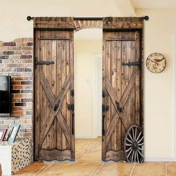 WNOOHIY Nostalgic Atmosphere Barn Door Wood Texture Light-filtering Window Curtains for Bedroom and Living Room, Set of 2 Panels