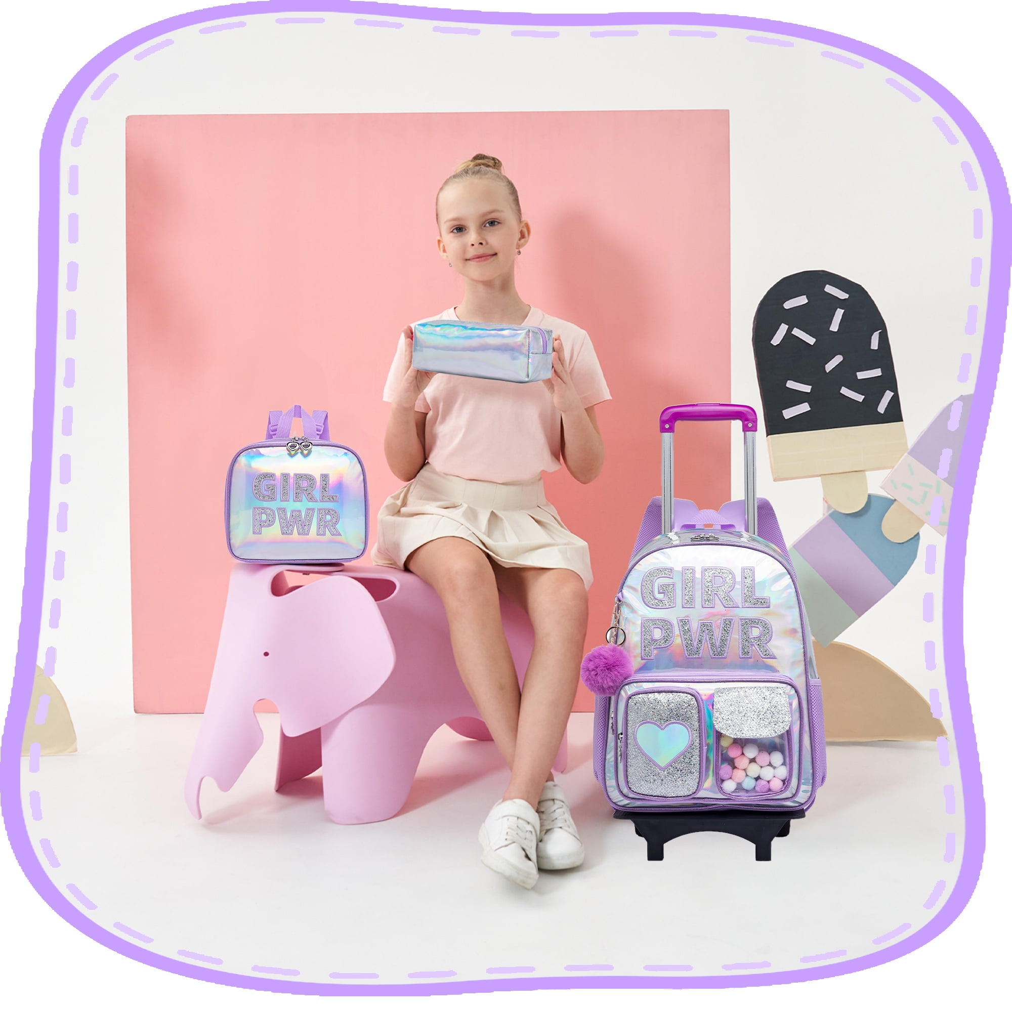 Sequin Kids Rolling Backpacks for Girls with Wheels Wheeled Backpack for School Lightweight Roller Bookbag Purple