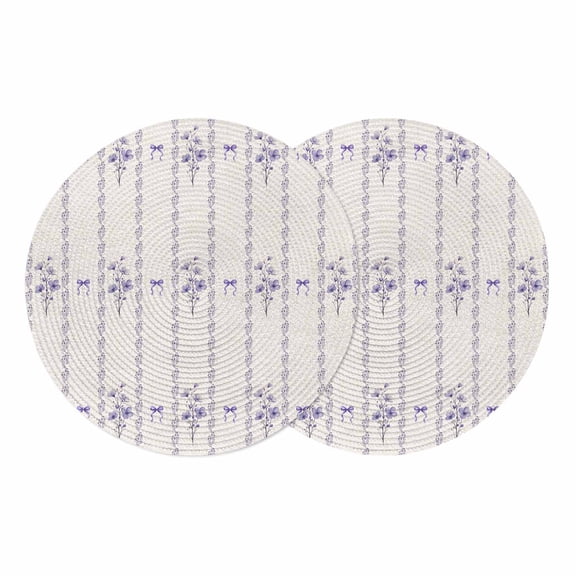 Purple Flowers Round 13 Inch Placemats Set of 2, Spring Floral Bows Lines Vintage Beige HeatResistant Non Slip Place Mats for Dining Table, Wipeable Braided Kitchen Table Mats for Housewarming