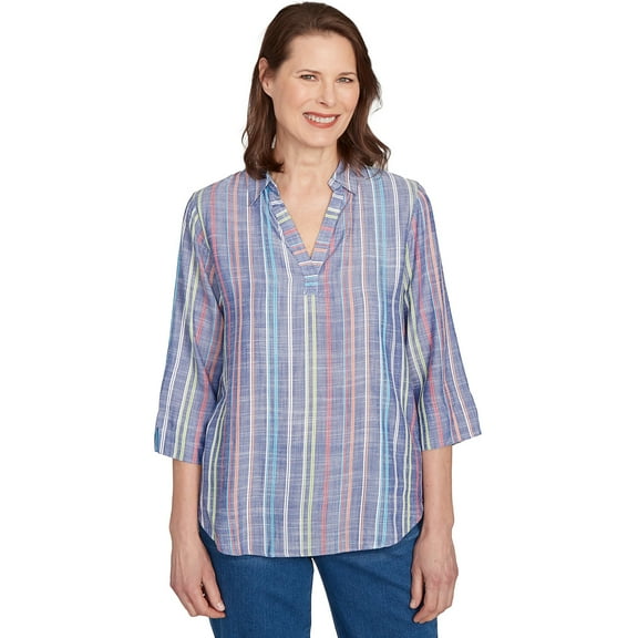 Alfred Dunner Womens Petite Textured Multi Stripe Collared Top