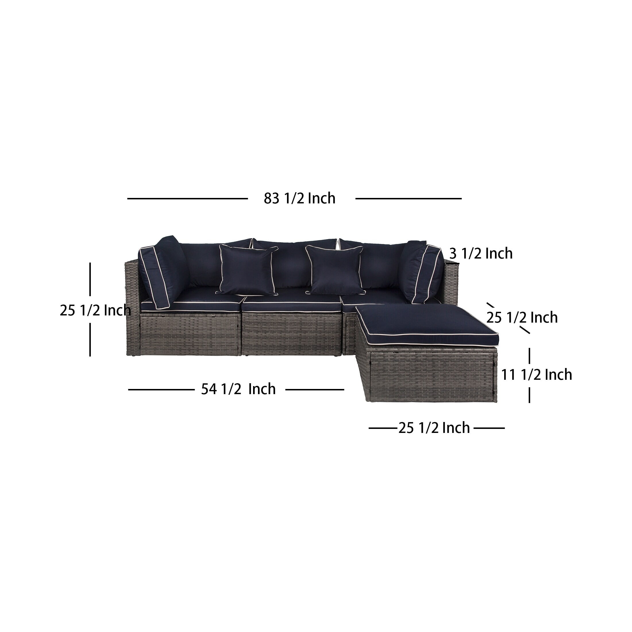Westin Outdoor 4-Piece Rattan Wicker Patio Sofa Sectional Set with Back Cushions UV Weather Resistant, Gray/Navy Blue