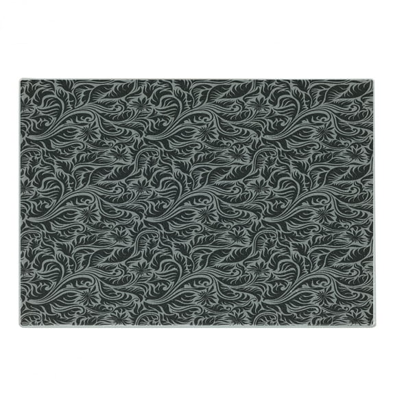 Black and Grey Cutting Board, Pattern with Fern Leaves and Big Flowers Abstract Scroll Garden Art, Decorative Tempered Glass Cutting and Serving Board, Small Size, Black and Grey, by Ambesonne