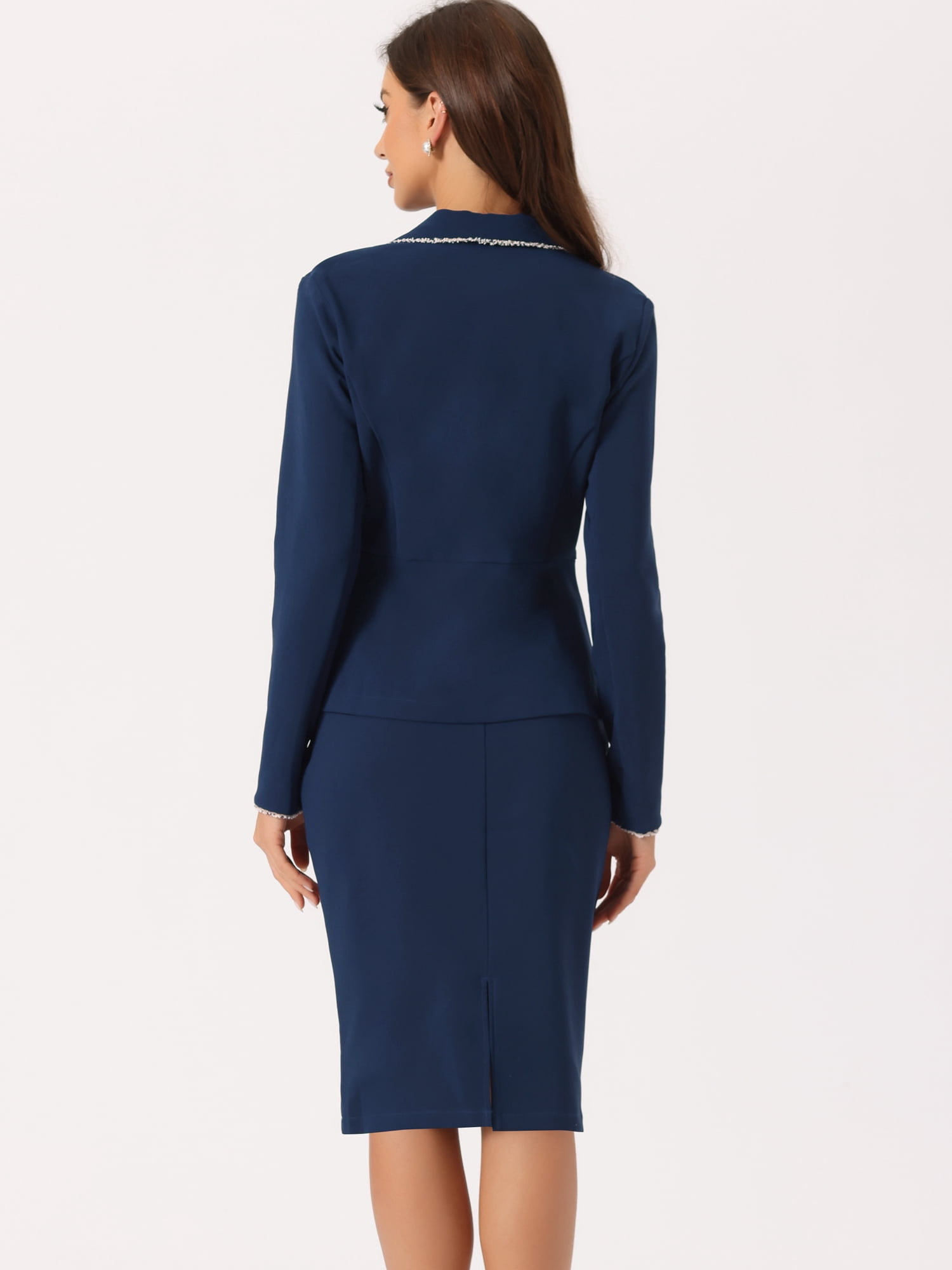 DARING DIVA Women's 2 Pcs Business Tweed Trim Blazer Skirt Outfit Sets M Deep Blue