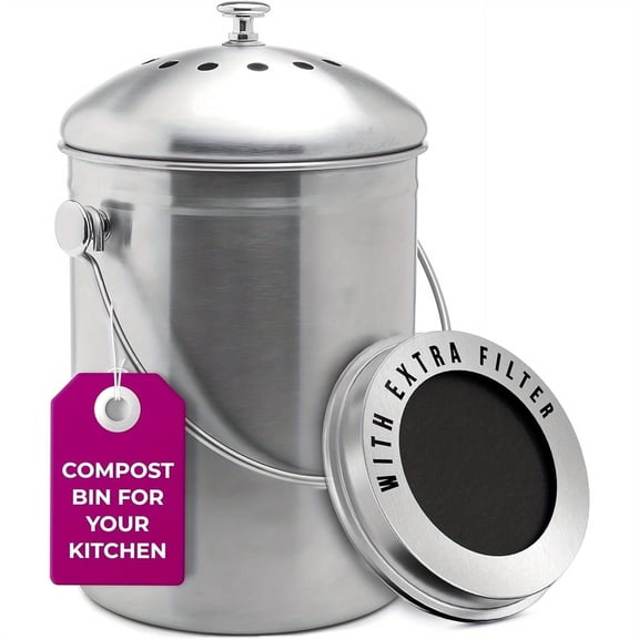 Countertop Compost Bin Kitchen | 1.3 Gallon | Odorless Bin with Carbon Filters | Indoor Compost Bin with Lid | Stainless Steel Kitchen Composter for Food Scraps & Waste Recycling