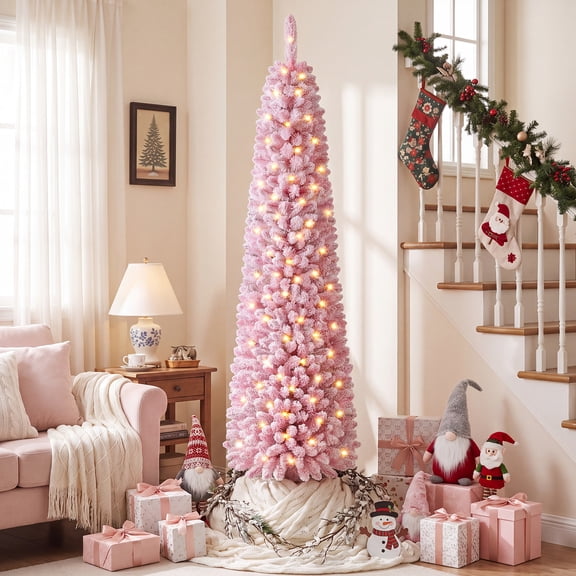 Gymax 7 FT Artificial Fir Xmas Tree w/523 Full Branch Tips 190 Warm White LED Lights Pink
