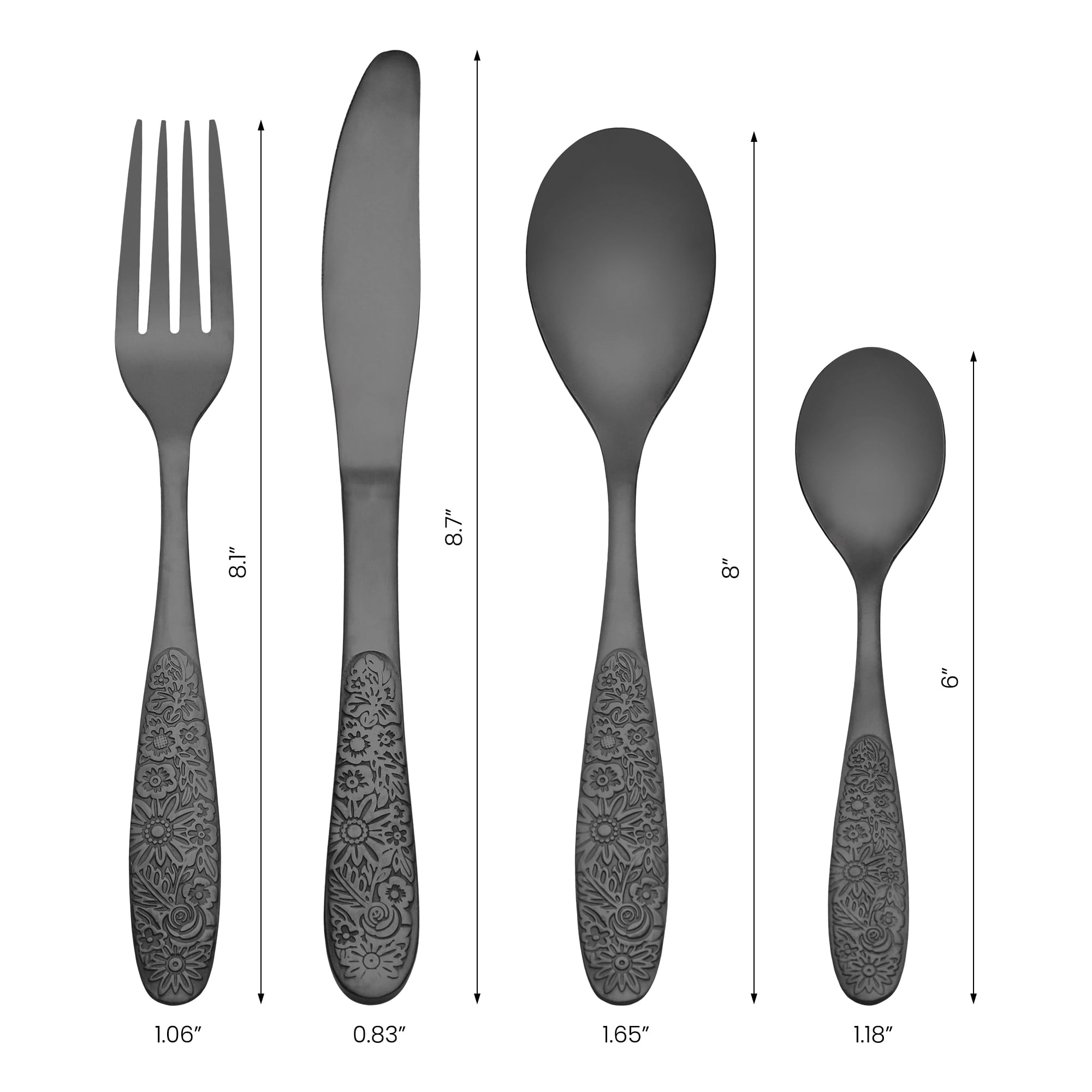 Unique Bargains 4 Piece Stainless Steel Floral Flatware Black 4