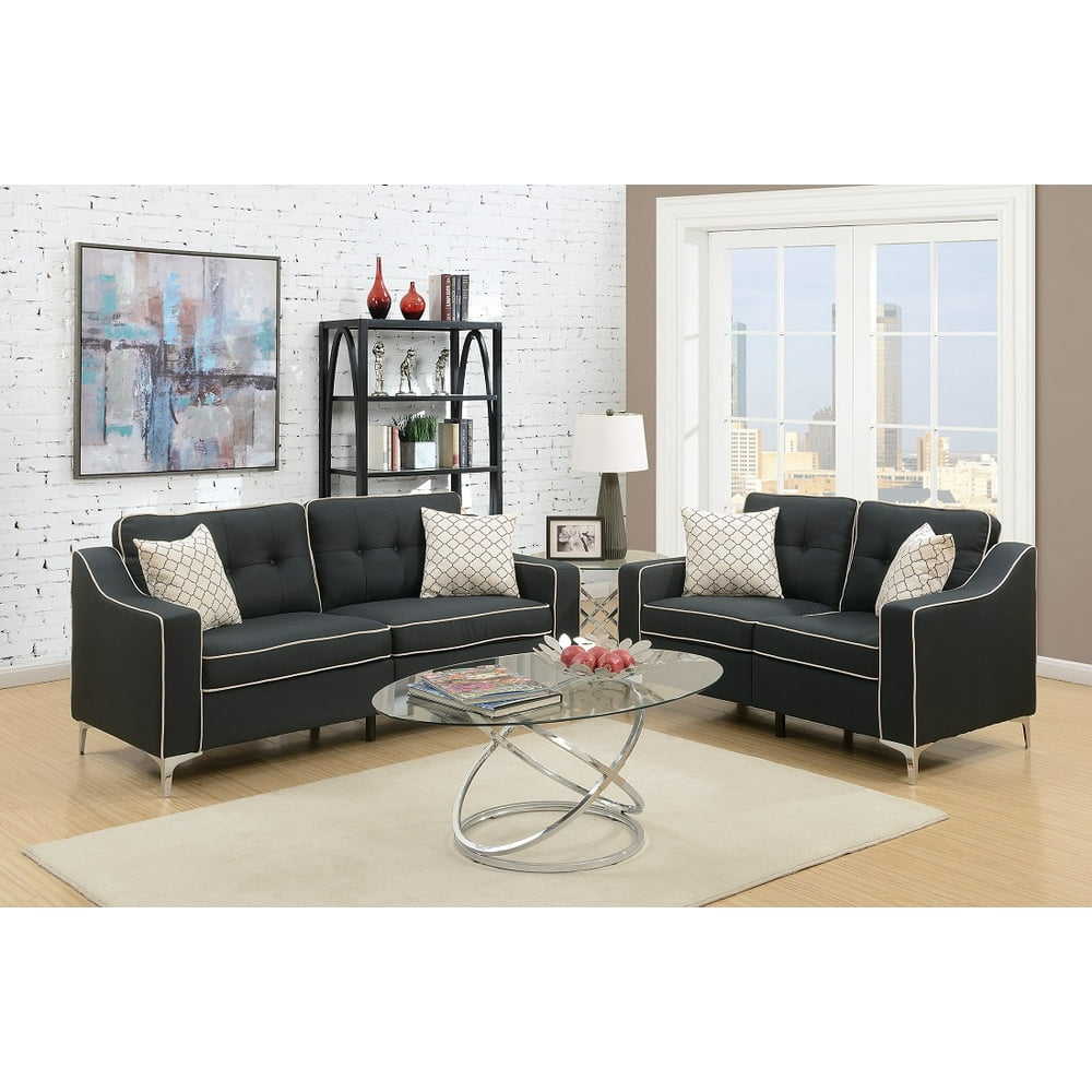 MidCentury Modern 2pcs Set Sofa Loveseat Black Polyfiber