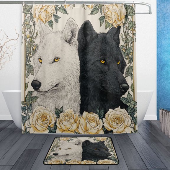 TTYFWHD 60" x 72" Shower Curtain and Bath Mat Set Two Black and White Wolves Waterproof Bathroom Curtain with 12 Hooks, Bathroom Decor Set