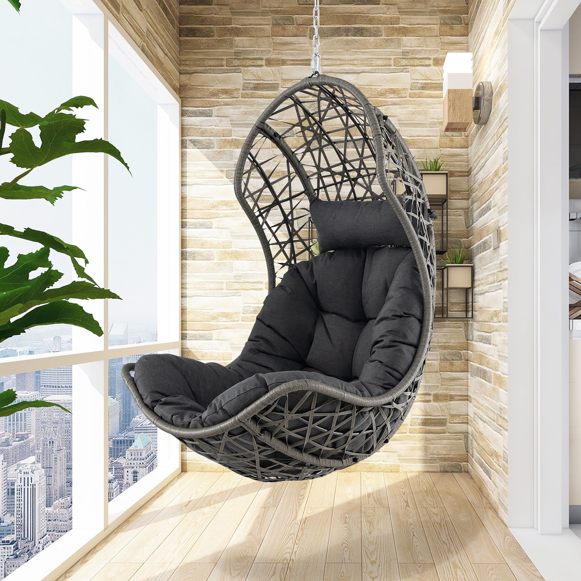 Gymax Hanging Egg Chair PE Rattan Swing Hammock Chair w Soft Pillow Cushion