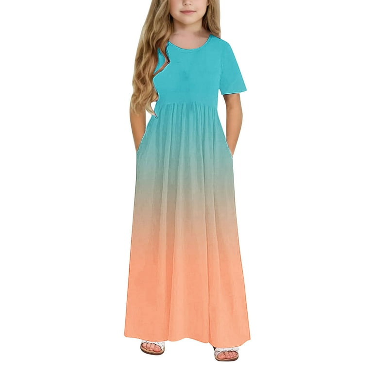 Qodauz Girls 2025 Summer Maxi Dress Gradient Pleated Short Sleeve Casual Long Dresses with Pockets for 6-15 Years Orange, Girl's, Size: 13 Years