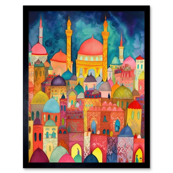 Hagia Sophia Evening Cityscape Folk Art Watercolour Painting Art Print Framed Poster Wall Decor 12x16 inch
