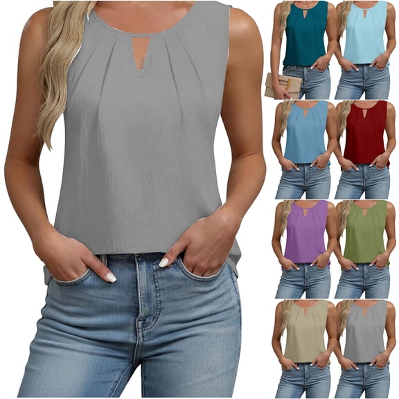 Jinhomg Cotton Linen Tank Tops for Women 2026 Summer Pleated Blouses Keyhole Round Neck Sleeveless Top Light Blue L