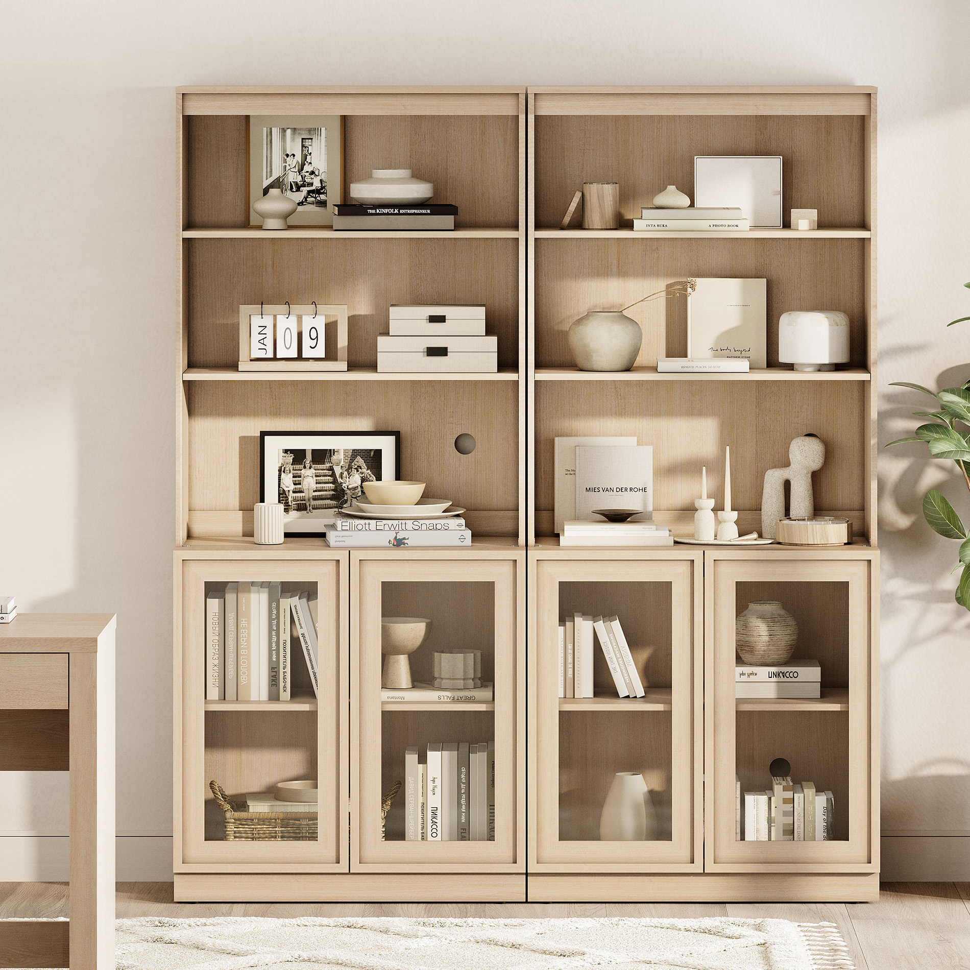 Modern 72" Tall Bookshelf with Glass Doors and Adjustable Shelves, Library Bookcase with Storage Cabinet and Open Shelves,Beige