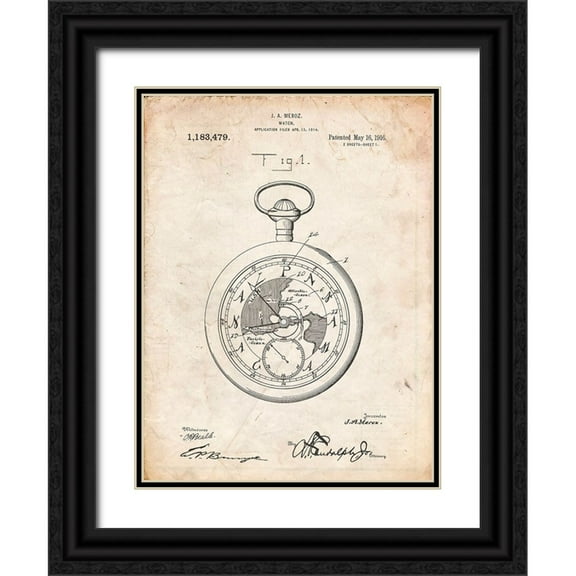 Borders, Cole 12x14 Black Ornate Wood Framed with Double Matting Museum Art Print Titled - PP112-Vintage Parchment U.S. Watch Co. Pocket Watch Patent Poster