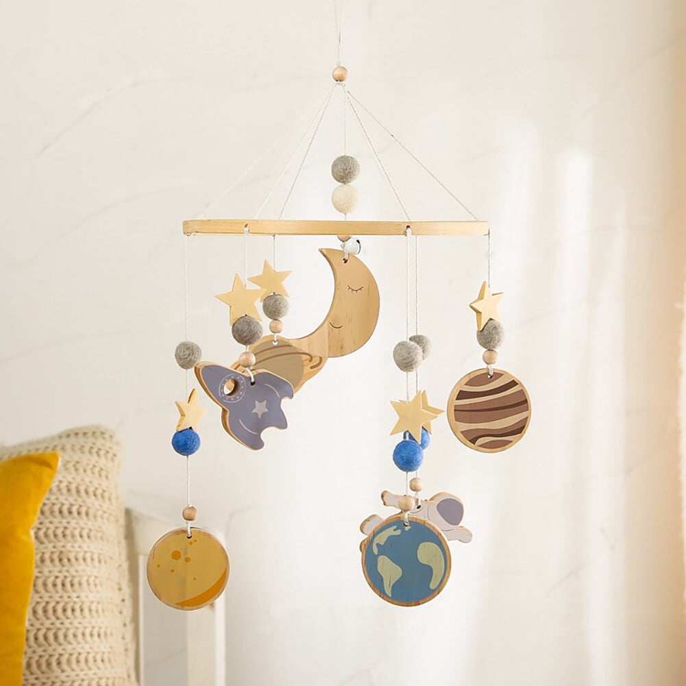 Baby Space Bed Bell – Wooden Hanging Crib Mobile Toy with Stars & Moon for Infant Sleep, Nursery Decor & Sensory Play