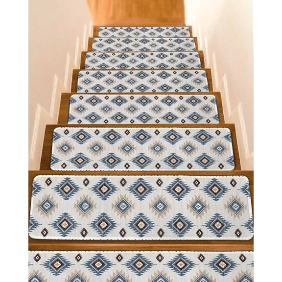 Blue Beige Non-Slip Stair Treads for Wooden Steps, 15 Pack 8x30 Inches Carpet Stair Mats with Adhesive Backing, Noise-Reducing Step Covers for Indoor Stairs, Easy to Install & Residue-Free